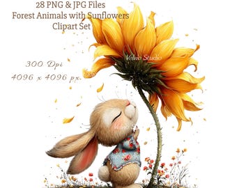 Clipart animaux de la forêt avec tournesols : illustrations fantaisistes, 28 fichiers PNG et JPG inclus (impression numérique)