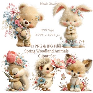May include: A digital clipart set featuring adorable woodland animals: a teddy bear, bunny, squirrel, hedgehog, and fox. Each character is adorned with flowers and presented in a soft, pastel color palette. The set includes 21 PNG and JPG files.