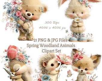 Zestaw clipartów „Wiosenne zwierzęta leśne”: 21 plików PNG i JPG (do druku cyfrowego)