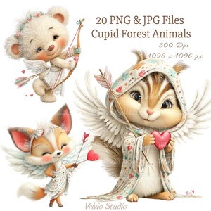 May include: Digital illustration of three Cupid-themed forest creatures: a bear, a fox, and a squirrel. The bear and fox have bows and arrows, and the squirrel holds a heart. The image includes the text "20 PNG & JPG Files Cupid Forest Animals".