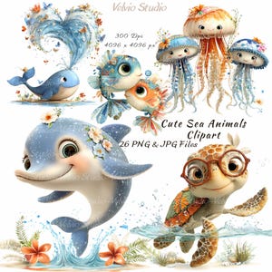 Puede incluir: Una colección de imágenes prediseñadas de animales marinos lindos, que incluyen una ballena, peces, medusas, un delfín y una tortuga. Las ilustraciones están en un estilo caprichoso con colores suaves y acentos florales. El texto "Cute Sea Animals Clipart" también está incluido.