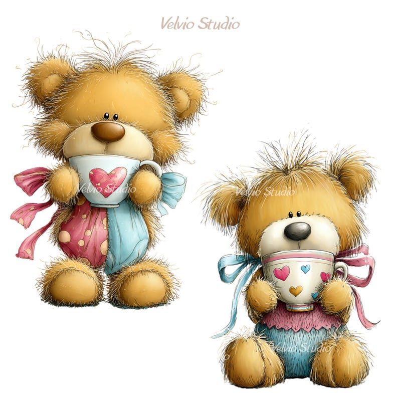 May include: Two cartoon teddy bears with light brown fur, holding teacups with heart designs. One bear wears a pink and blue outfit, the other a blue and pink outfit. The image has a white background.
