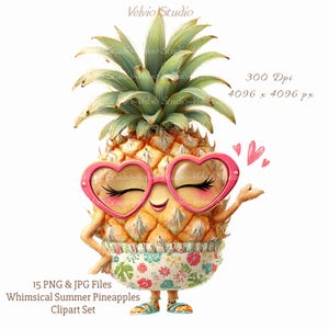 May include: A whimsical illustration of a smiling pineapple wearing heart-shaped pink sunglasses and a floral skirt. The pineapple has arms and legs, and is giving a friendly wave. The image includes the text "Whimsical Summer Pineapples Clipart Set".