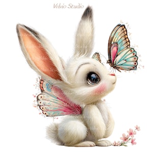Peut inclure: Illustration num&eacute;rique d'un lapin blanc aux grands yeux et aux joues roses. Le lapin a des ailes de papillon roses, bleues et p&ecirc;che. Un papillon aux couleurs similaires se pose sur son nez. De d&eacute;licates fleurs roses ornent le bas de l'image.