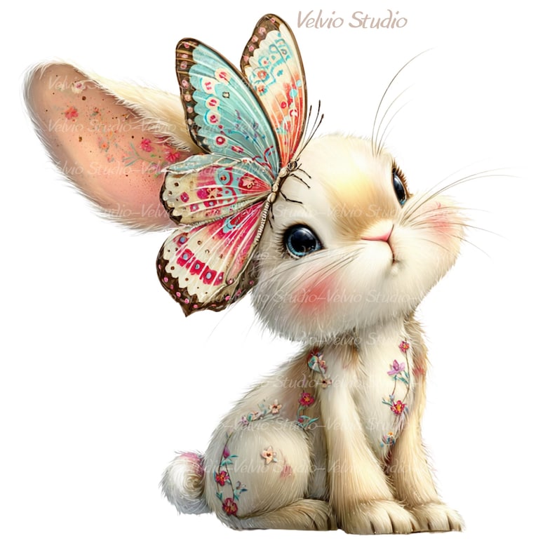 Peut inclure: Illustration fantaisiste d'un lapin avec un papillon. Le lapin est blanc avec des accents roses et des d&eacute;tails floraux. Le papillon a des ailes roses, bleues et marron. L'image contient le texte "Velvio Studio".