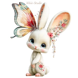 Peut inclure: Illustration fantaisiste d'un lapin blanc aux grands yeux bleus et un papillon sur la t&ecirc;te. Le lapin est orn&eacute; de fleurs sur les oreilles et le corps. Le papillon a des ailes aux motifs color&eacute;s.