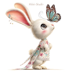 Peut inclure: Illustration fantaisiste d'un lapin blanc avec un papillon pos&eacute; sur son nez. Le lapin porte une &eacute;charpe et une robe &agrave; motifs floraux. Le papillon a des ailes bleues, marron et blanches. Le lapin a des joues roses et de grands yeux expressifs. Le texte "Velvio Studio" est pr&eacute;sent.