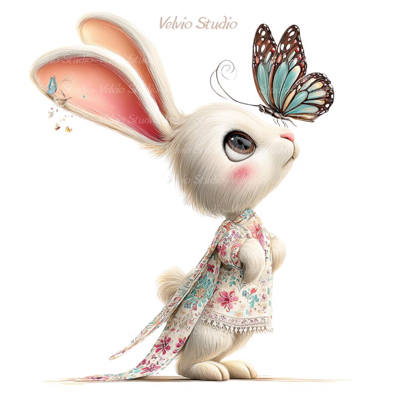 Peut inclure: Illustration fantaisiste d'un lapin blanc avec un papillon pos&eacute; sur son nez. Le lapin porte une &eacute;charpe et une robe &agrave; motifs floraux. Le papillon a des ailes bleues, marron et blanches. Le lapin a des joues roses et de grands yeux expressifs. Le texte "Velvio Studio" est pr&eacute;sent.