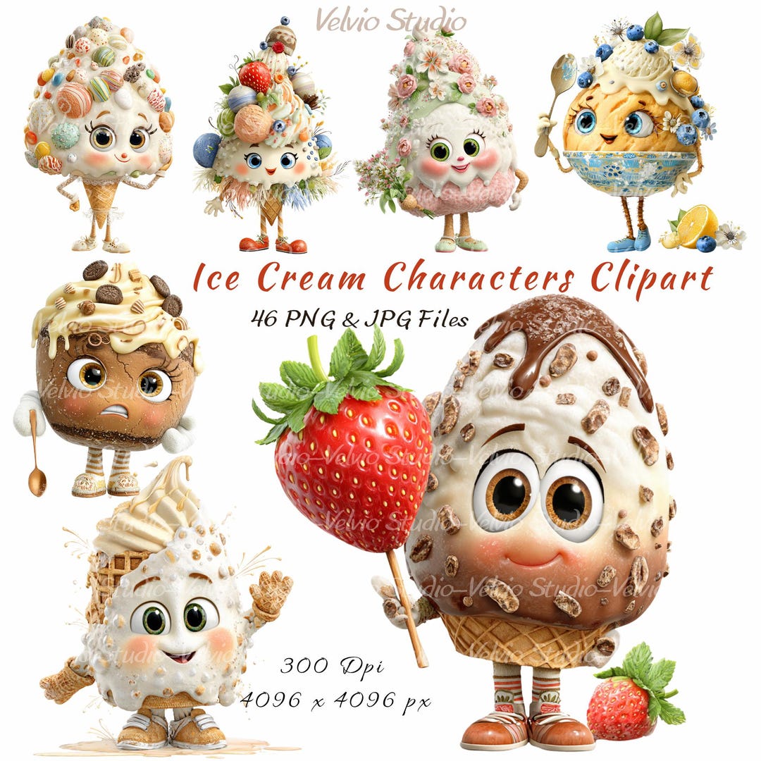Ice Cream Characters Clipart Set: 46 PNG & JPG Files (digital Printable ...