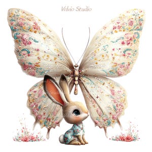 Peut inclure: Illustration fantaisiste d'un grand papillon aux ailes cr&egrave;me orn&eacute;es de motifs floraux roses, bleus et dor&eacute;s. Un petit lapin v&ecirc;tu d'une chemise &agrave; fleurs bleues est assis en dessous. L'image contient le texte "Velvio Studio".