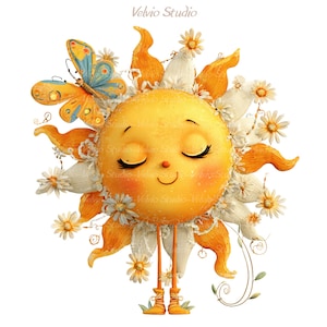 Op de afbeelding: Een grillige illustratie van een lachende zon met gesloten ogen, versierd met oranje stralen, witte en gele madeliefjes en een vlinder. De zon heeft kleine benen en draagt gele laarzen. De tekst "Velvio Studio" is zichtbaar.