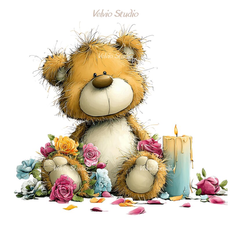 May include: A whimsical illustration of a teddy bear surrounded by colorful flowers and a lit candle. The bear is brown with a cream-colored belly and paws. Roses, blue flowers, and yellow roses are scattered around the bear.