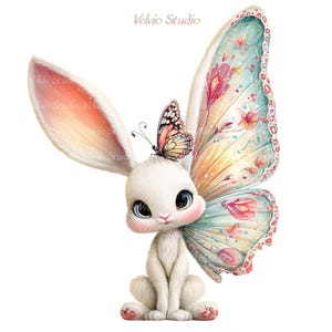 Peut inclure: Illustration fantaisiste d'un lapin blanc aux grands yeux expressifs et un papillon pos&eacute; sur sa t&ecirc;te. Le lapin a une grande aile de papillon avec des motifs floraux. L'image est sur fond blanc, avec le texte "Velvio Studio" en haut &agrave; gauche.