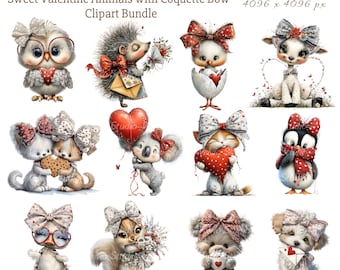 Whimsical Coquette Bow Animals: Valentine Clipart Bundle, 53 PNG & JPG Files (Digital Download)