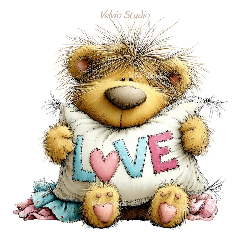 May include: A cartoon teddy bear with brown fur and a large nose, holding a pillow. The pillow has the word "LOVE" in blue and pink letters, with a pink heart. The bear is sitting on a blue and pink fabric.