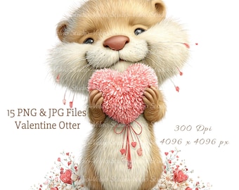 Whimsical Otter Clipart Set: Valentine Illustrations, 15 PNG & JPG Files (Digital Download)