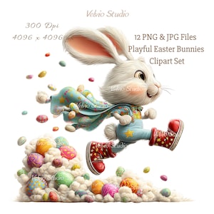 Puede incluir: Ilustración digital de un conejo blanco con un atuendo azul y botas rojas, corriendo a través de una nube de coloridos huevos de Pascua. El conejo tiene una capa azul con estrellas. El texto dice "Playful Easter Bunnies Clipart Set."