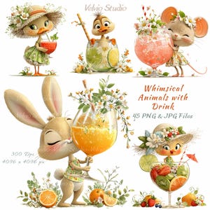 May include: A digital illustration featuring whimsical animals enjoying drinks. A duck, mouse, and rabbit are depicted with cocktails. The image includes the text "Whimsical Animals with Drink" and "45 PNG & JPG Files". The animals are surrounded by flowers and fruit.
