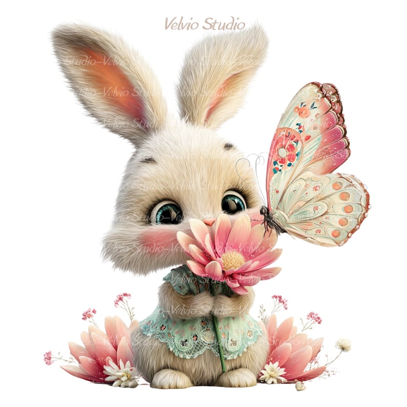 Peut inclure: Illustration fantaisiste d'un lapin blanc et duveteux tenant une fleur rose, avec un papillon pos&eacute; sur la fleur. Le lapin porte une robe vert clair avec une bordure en dentelle et est entour&eacute; de fleurs roses. Le lapin a de grands yeux bleus.