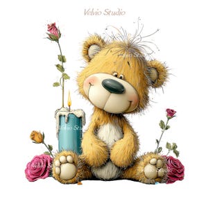 May include: A whimsical illustration of a teddy bear with a large, dark green nose and a friendly expression. The bear is surrounded by pink roses and a lit teal candle. The text "Velvio Studio" is in the upper right corner.