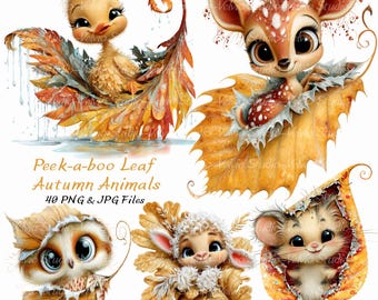 Peek-a-boo Leaf Autumn Animals Clipart Set: 40 PNG & JPG (Digital Printable)