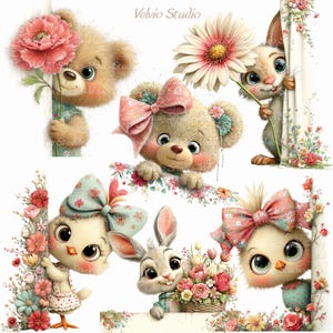 Spring Peeking Animals Clipart Set: Floral Illustrations, 30 PNG & JPG Files (Digital Printable)