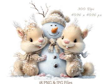 Imágenes prediseñadas de animales invernales acogedores: 18 archivos PNG y JPG incluidos (imprimibles digitales)