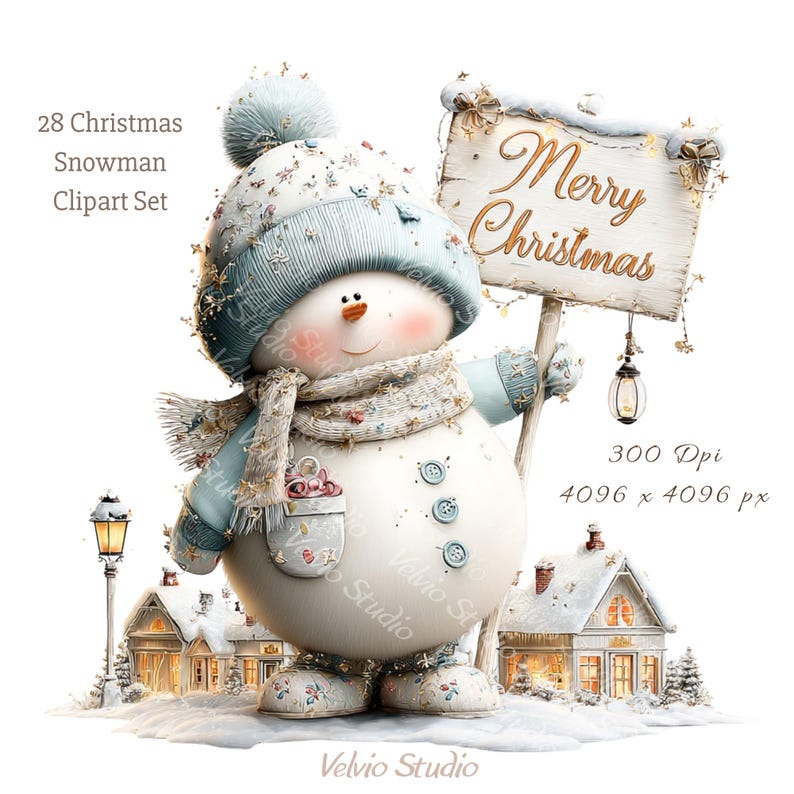 Puede incluir: Ilustraci&oacute;n de un mu&ntilde;eco de nieve festivo sosteniendo un letrero de "Merry Christmas". El mu&ntilde;eco de nieve lleva un gorro, bufanda y mitones azules. La imagen incluye el texto "28 Christmas Snowman Clipart Set".