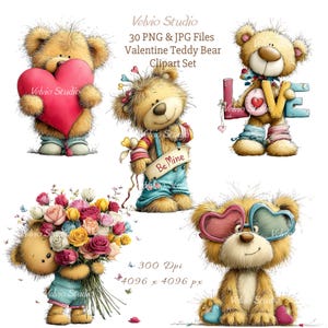 May include: A digital clipart set featuring five cartoon teddy bears. The bears are in various poses, holding a heart, a bouquet of flowers, and the word "LOVE". The set includes the text "Valentine Teddy Bear Clipart Set".