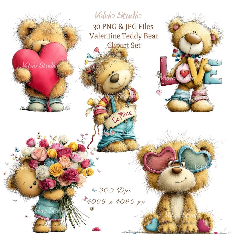 May include: A digital clipart set featuring five cartoon teddy bears. The bears are in various poses, holding a heart, a bouquet of flowers, and the word "LOVE". The set includes the text "Valentine Teddy Bear Clipart Set".