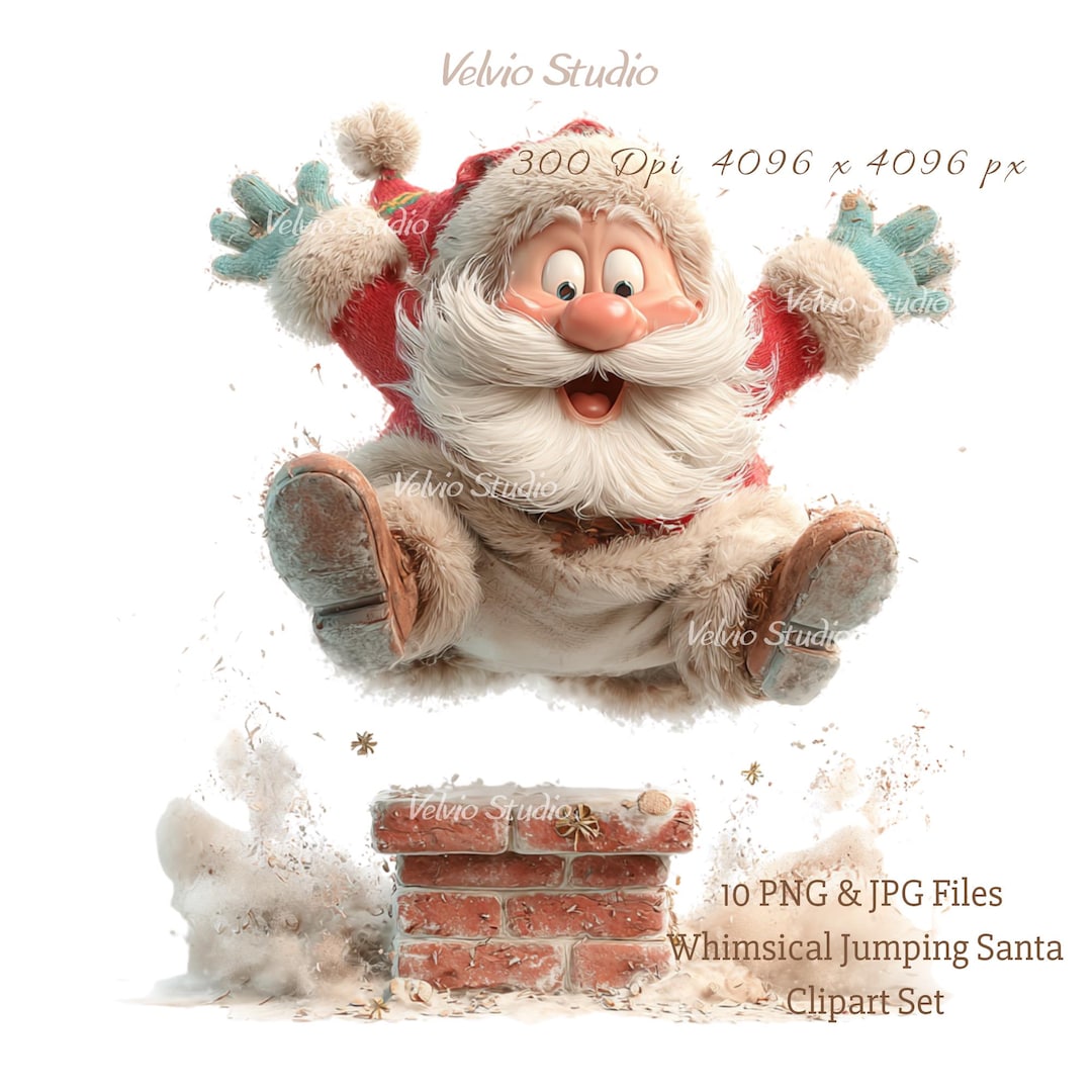 Bouncing Spring Santa Jumping Santa Clipart Set: Festive Winter Illustrations, 10 PNG & JPG ...