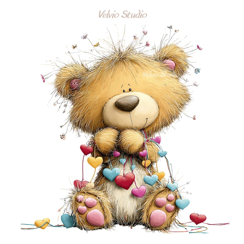 May include: A whimsical illustration of a teddy bear with a light brown fur. The bear is holding colorful heart-shaped balloons. The bear has pink paw pads and ears. The image has the text "Velvio Studio" in the upper left corner.