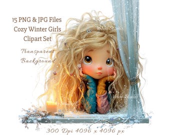 Winter Girls Clipart Set: 15 PNG & JPG Files (Digital Printable)