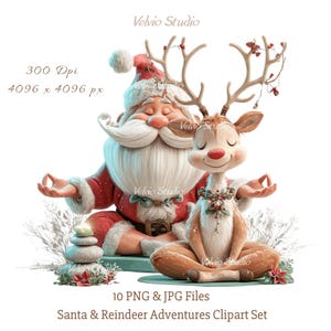May include: A digital illustration featuring Santa Claus and a reindeer in a yoga pose. Santa is in a red suit and hat, and the reindeer has antlers and a red nose. The image includes text that reads "300 Dpi 4096 x 4096 px" and "Santa & Reindeer Adventures Clipart Set."