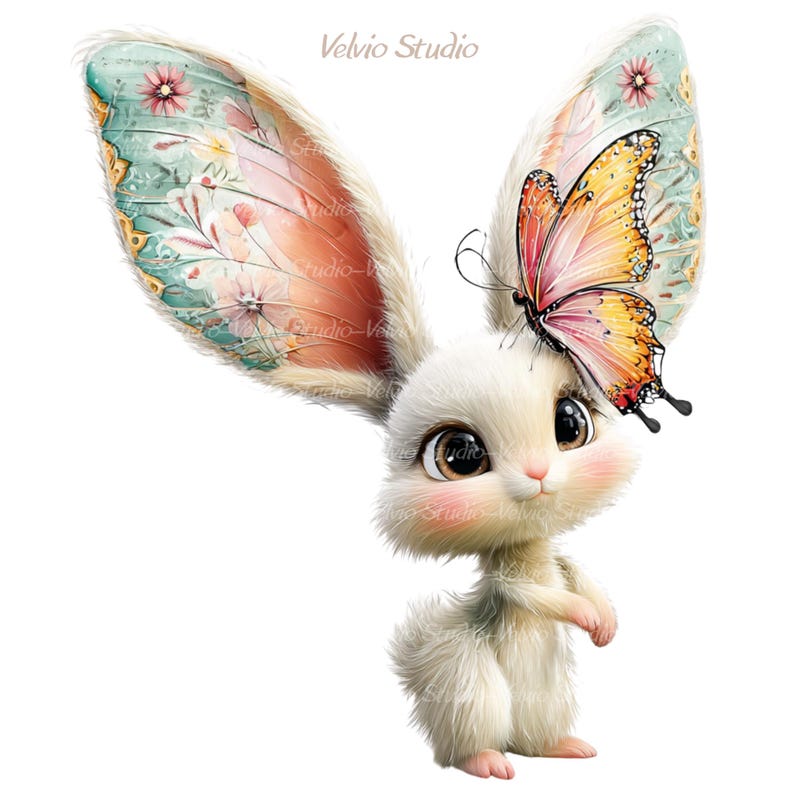 Peut inclure: Illustration fantaisiste d'un lapin blanc avec de grandes oreilles &agrave; motifs et un papillon pos&eacute; sur sa t&ecirc;te. Le lapin a de grands yeux expressifs et un aspect duveteux. Le papillon a des ailes orange, roses et jaunes. Le texte "Velvio Studio" est pr&eacute;sent.