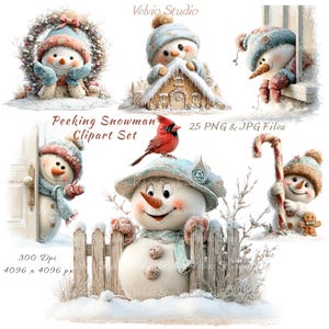 Puede incluir: Una colección digital de ilustraciones de muñecos de nieve con coronas, casas de jengibre, bastones de caramelo y un cardenal rojo. El texto dice Peeking Snowman Clipart Set, 25 PNG & JPG Files, 300 Dpi, 4096 x 4096 px.