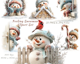 Conjunto de imágenes prediseñadas de muñecos de nieve asomándose: Gráficos de invierno y Navidad, 25 archivos PNG y JPG (imprimibles digitales)
