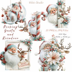 Puede incluir: Un conjunto de ilustraciones digitales con Santa Claus y renos en varias escenas festivas, incluyendo adornos, bastones de caramelo y arreglos florales. El texto incluye "Peeking Santa and Reindeer", "25 PNG & JPG Files", "300 Dpi", "4096 x 4096 px" y "MERRY CHRISTMAS!".