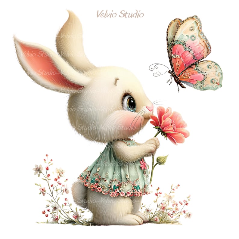 Peut inclure: Illustration fantaisiste d'un lapin blanc en robe verte, reniflant une fleur rose. Un papillon color&eacute; vole &agrave; proximit&eacute;. De d&eacute;licats accents floraux entourent le lapin, cr&eacute;ant une sc&egrave;ne printani&egrave;re charmante.