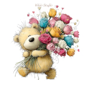 May include: A cartoon illustration of a tan teddy bear holding a large bouquet of colorful roses. The roses are in shades of pink, yellow, white, and blue. The bear has a smiling face and is walking. The text "Velvio Studio" is in the top left corner.