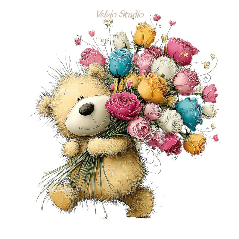 May include: A cartoon illustration of a tan teddy bear holding a large bouquet of colorful roses. The roses are in shades of pink, yellow, white, and blue. The bear has a smiling face and is walking. The text "Velvio Studio" is in the top left corner.