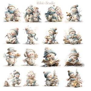 Puede incluir: Una colecci&oacute;n de ilustraciones caprichosas de mu&ntilde;ecos de nieve. Cada mu&ntilde;eco de nieve se representa en varias escenas invernales, con sombreros, bufandas y sosteniendo objetos como libros y regalos. La paleta de colores es suave, con azules, blancos y cremas.