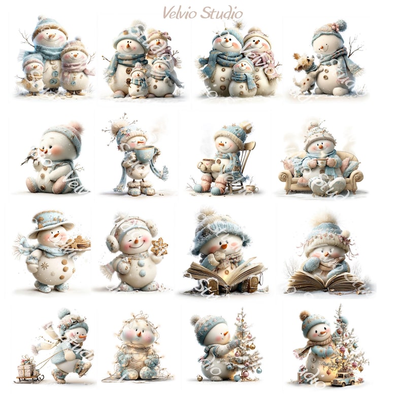 Puede incluir: Una colecci&oacute;n de ilustraciones caprichosas de mu&ntilde;ecos de nieve. Cada mu&ntilde;eco de nieve se representa en varias escenas invernales, con sombreros, bufandas y sosteniendo objetos como libros y regalos. La paleta de colores es suave, con azules, blancos y cremas.