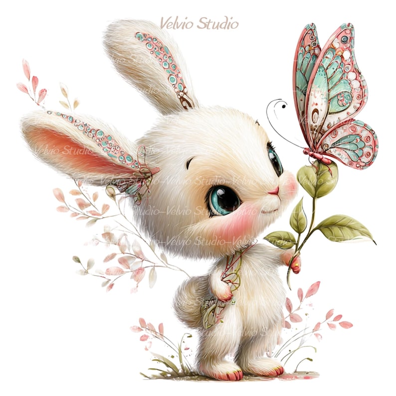 Peut inclure: Illustration fantaisiste d'un lapin blanc aux grands yeux bleus et aux joues roses, tenant une brindille avec un papillon. Le papillon a des ailes roses et turquoise. Des accents floraux d&eacute;licats et le texte "Velvio Studio" compl&egrave;tent le design.