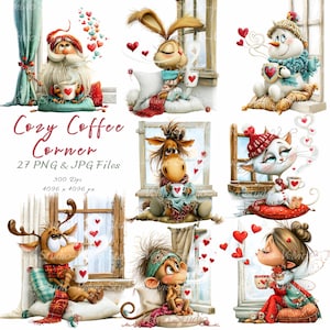 Puede incluir: Una colección digital de ilustraciones titulada Cozy Coffee Corner, que presenta varios personajes como un gnomo, conejo, muñeco de nieve, caballo, gato, reno, mono y una persona, cada uno sosteniendo una taza con motivos de corazones.