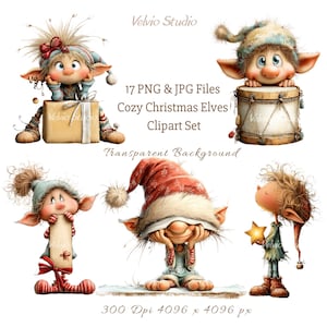 May include: A digital clipart set featuring six whimsical Christmas elves. Each elf is depicted in a unique pose, wearing festive attire, and holding various objects. The text on the image reads "Cozy Christmas Elves Clipart Set". The image is 4096 x 4096 pixels.