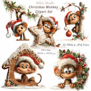 May include: A digital clipart set titled Velvio Studio Christmas Monkey Clipart Set featuring five illustrations of monkeys wearing red and white Santa hats, interacting with gingerbread stars, houses, and festive pine branches with red berries.