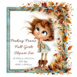 Op de afbeelding: Een digitale illustratie van een personage met bruin haar dat achter een blauwe lijst met herfstbladeren vandaan kijkt. De tekst luidt: Peeking Frame Fall Girls Clipart Set, 39 PNG & JPG Files, 300 Dpi, 4096 x 4096 px. Het personage draagt een pluizige top.