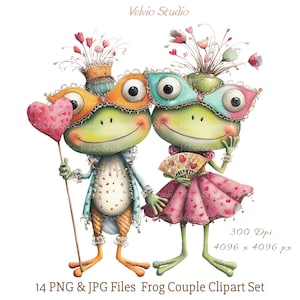 Peut inclure: Illustration fantaisiste de deux grenouilles anthropomorphes. L'une tient un ballon en forme de cœur rose, l'autre un éventail. Elles portent des tenues et des coiffes ornées. Le texte "Velvio Studio" et "Frog Couple Clipart Set" est inclus.
