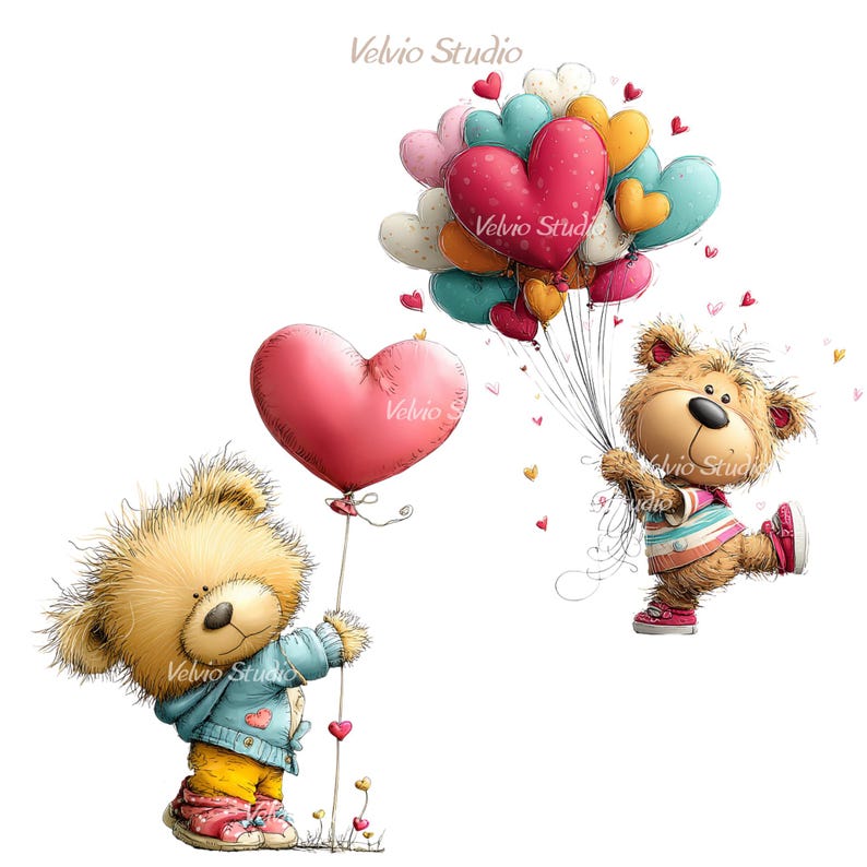 May include: Two cartoon teddy bears holding heart-shaped balloons. One bear holds a large pink heart balloon, while the other holds a cluster of heart-shaped balloons in various colors. The bears are wearing colorful outfits and are set against a white background.